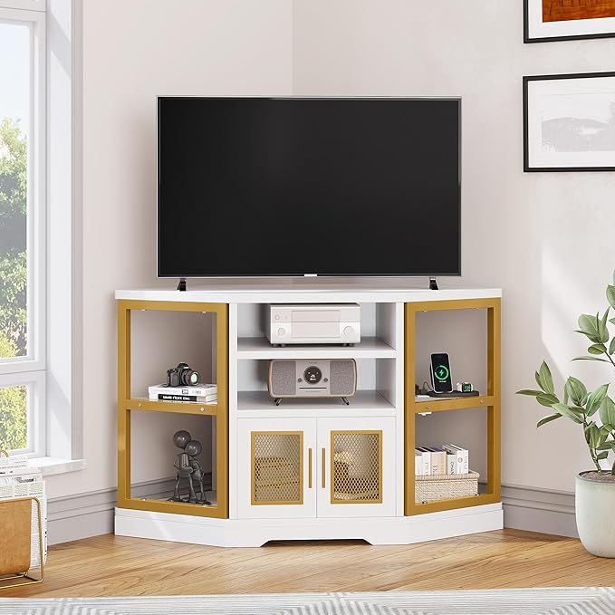 YITAHOME Corner TV Stand for TVs up to 55/50 Inch with Power Outlet, Modern Farmhouse Entertainment Center, Wood TV Media Console with Storage Cabinets Shelves for Living Room, 47", Gold - LeafyLoom