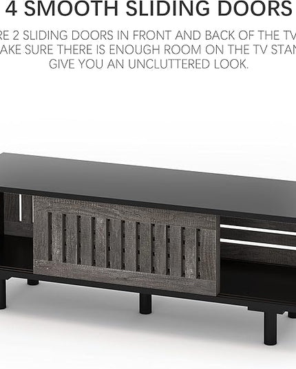 Mid-Century Modern TV Stand, Glossy Black TV Console with Sliding Doors,TV Console with Large Storage, Entertainment Center with Sturdy Solid Wood Legs, Living Room&Bedroom, Gray&Black - LeafyLoom