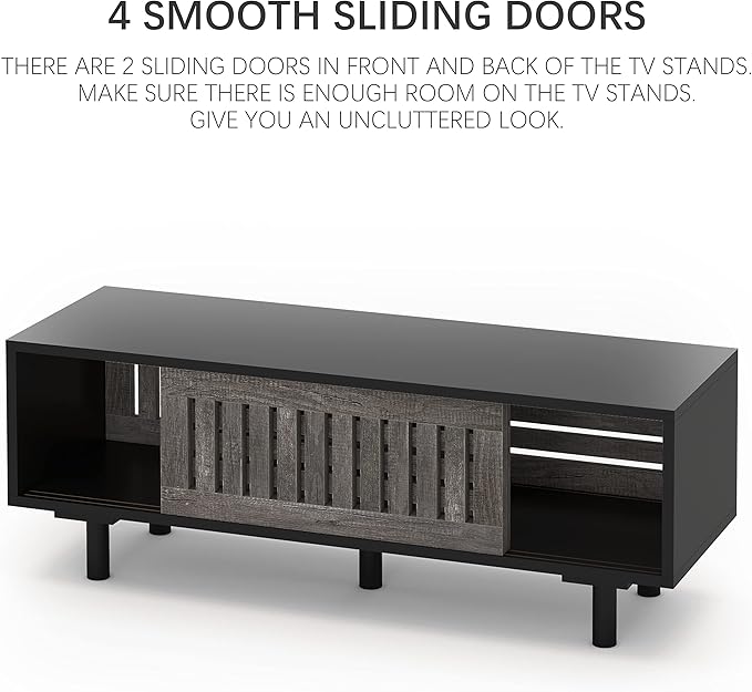 Mid-Century Modern TV Stand, Glossy Black TV Console with Sliding Doors,TV Console with Large Storage, Entertainment Center with Sturdy Solid Wood Legs, Living Room&Bedroom, Gray&Black - LeafyLoom
