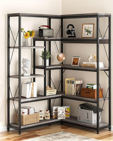 Shintenchi 5 Tiers Corner Bookshelf, 70.86" Tall L-Shaped Bookcase, Large Corner Etagere Bookcase, Corner Shelf Display Storage Rack with Metal Frame for Living Room Home Office, Grey - LeafyLoom