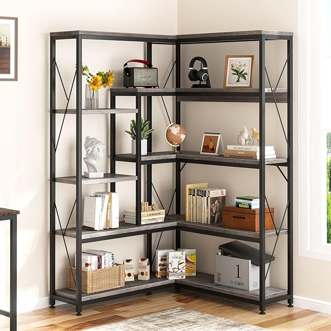 Shintenchi 5 Tiers Corner Bookshelf, 70.86" Tall L-Shaped Bookcase, Large Corner Etagere Bookcase, Corner Shelf Display Storage Rack with Metal Frame for Living Room Home Office, Grey - LeafyLoom