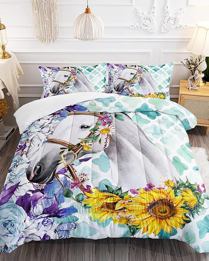 Kid Sunflower Horse Comforter Set 3Pcs Rose Butterfly Retro Horse Bedding Set for Boys Girls Adult, 1 Comforter + 2 Pillowcases - LeafyLoom