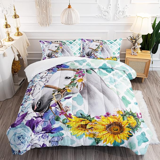 Kid Sunflower Horse Comforter Set 3Pcs Rose Butterfly Retro Horse Bedding Set for Boys Girls Adult, 1 Comforter + 2 Pillowcases - LeafyLoom