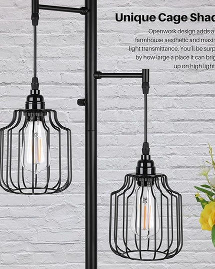 Dimmable Floor Lamp with 3 x 800LM LED Edison Bulbs,Tall Standing Lamp for Living Room,Farmhouse Black Corner Floor Lamp,Bright Industrial Rustic Vintage Tree Pole Light with Cage for Bedroom Office - LeafyLoom