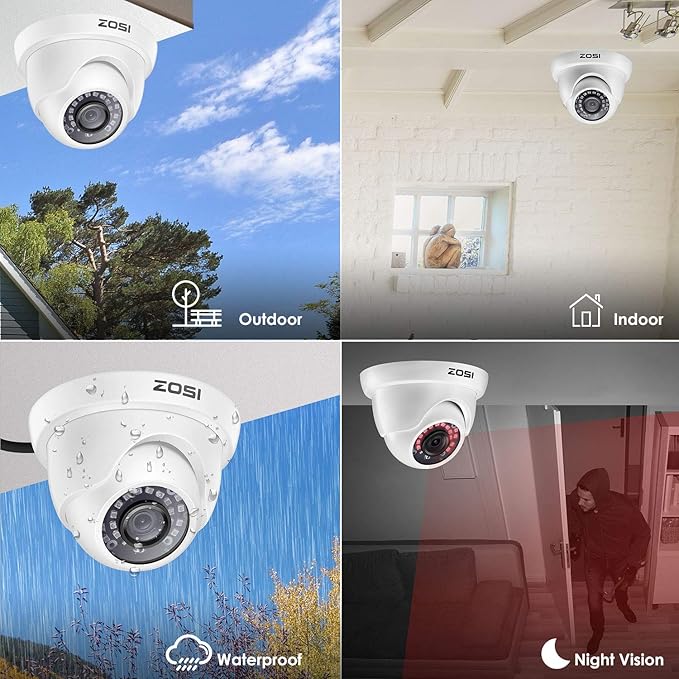 ZOSI 1000TVL CCTV Camera 24 IR LEDs Indoor Outdoor Day Night Vision 65ft Security Dome Color Camera for DVR Surveillance System (White) ZOSI