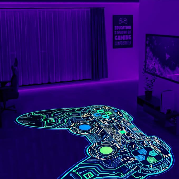Gaming Rug for Boys Room Decor, Gamer Rugs Glow in The Blacklight Video Game Carpet Teens Playroom Non-Slip Area Rug Game Bedroom Floor Casual Mat (60"x39") - LeafyLoom