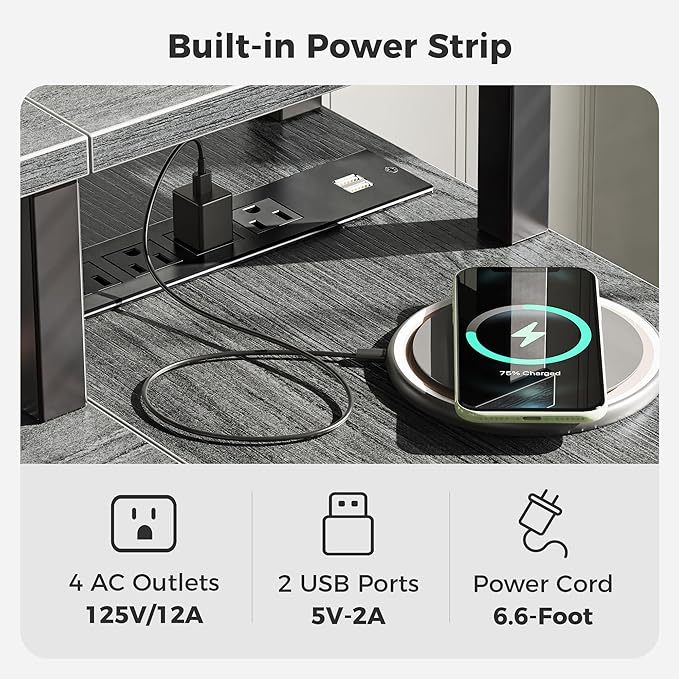 SUPERJARE 53 inch Reversible L Shaped Desk with LED Lights & Power Outlets, Computer Desk with Shelves & Monitor Stand, Gaming Desk with Drawer, Home Office Desk Corner Desk, Grey - LeafyLoom