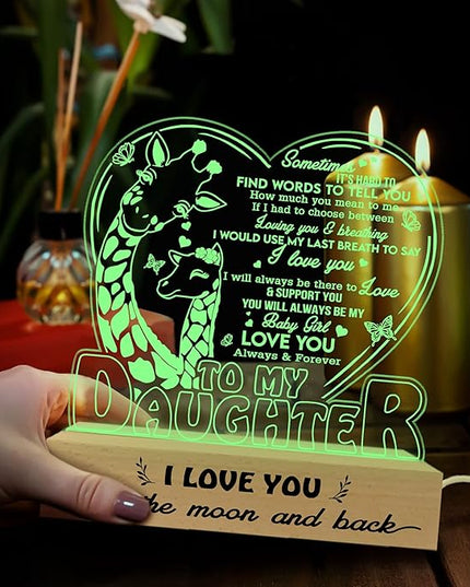 ARTSYWIX Daughter 3D Illusion Lamp with Wooden Base USB Powered Acrylic Night Light, Daughter Gifts from Mom, to My Daughter Lamp, Gift for Girls Women, Gifts for Birthday Graduation Keepsake - LeafyLoom