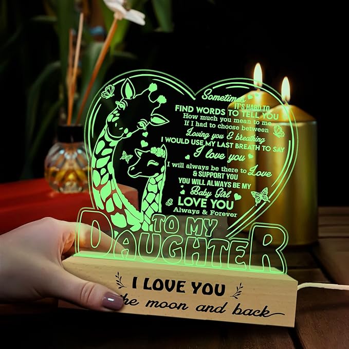 ARTSYWIX Daughter 3D Illusion Lamp with Wooden Base USB Powered Acrylic Night Light, Daughter Gifts from Mom, to My Daughter Lamp, Gift for Girls Women, Gifts for Birthday Graduation Keepsake - LeafyLoom