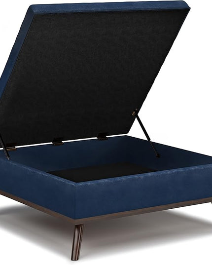 SIMPLIHOME Owen 36 Inch Wide Mid Century Modern Square Coffee Table Lift Top Storage Ottoman in Upholstered Distressed Dark Blue Faux Leather, For the Living Room - LeafyLoom