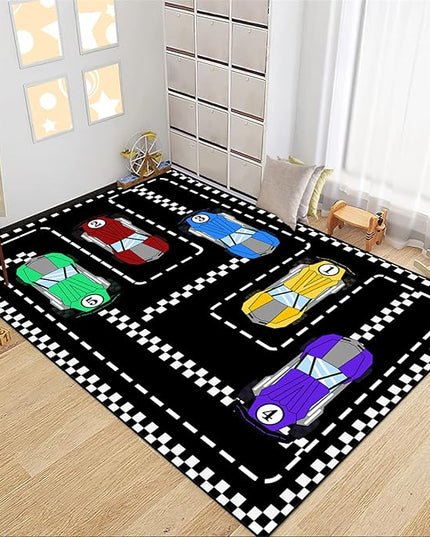 Car Rug Race Car Rug Car Track Rugs for Boys Race Track Carpet Race Car Track Rug Car Rug for Boys Room Car Rug Play Mat Car Carpet for Kids Rugs for Boys Bedroom,Black 2'5''×4' - LeafyLoom