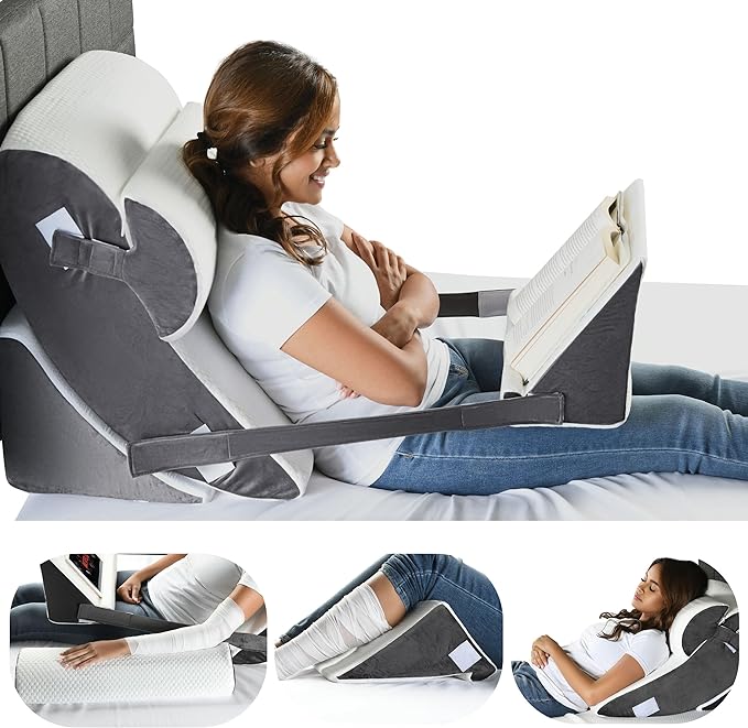 Gleur Bed Wedge Pillow for Sleeping 4 Piece Set - Orthopedic Pillow for Post Surgery includes a Patent Pending Desk Pillow - Adjustable Incline for All Sleeping, Sitting Positions Sofa Couch Cushion - LeafyLoom
