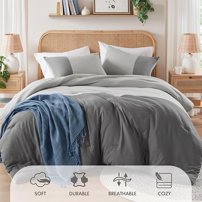 Grey Twin Comforter Set - Modern Soft Farmhouse Bedding for Teen Boys, Kids Colorblock Pattern Bed Sets for All Season, 2 Pieces includes 1 Comforter, 1 Sham (66"x 90") - LeafyLoom