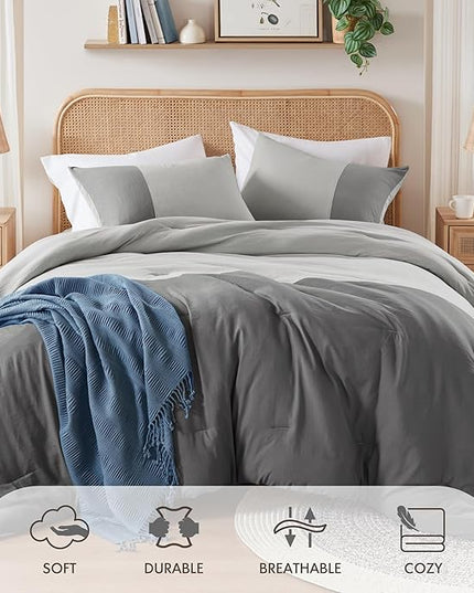 Grey Comforter Queen Set - Modern Soft Farmhouse Comforter Sets for Men, Masculine Colorblock Pattern Bedding Set for All Season, 3 Pieces includes 1 Comforter, 2 Shams (90"x 90") - LeafyLoom