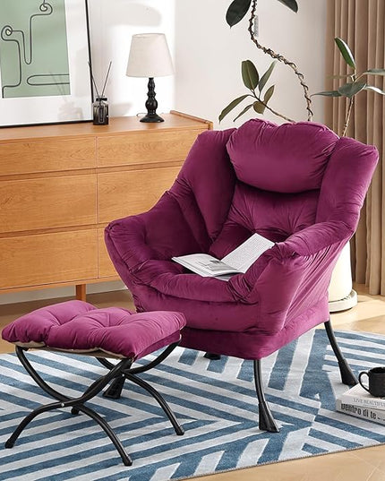 Lazy Chair with Ottoman, Modern Chair with Folding Footrest, Lounge Accent Chair, Comfortable Reading Chair (Dark Purple) - LeafyLoom