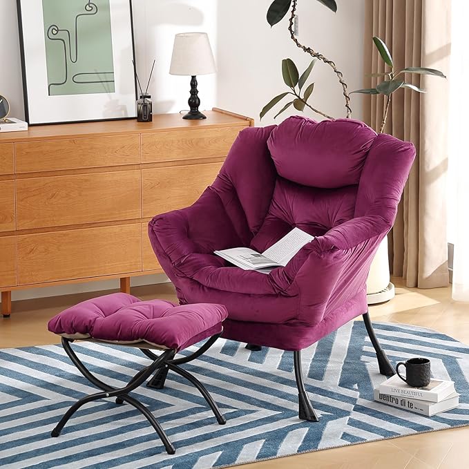 Lazy Chair with Ottoman, Modern Chair with Folding Footrest, Lounge Accent Chair, Comfortable Reading Chair (Dark Purple) - LeafyLoom