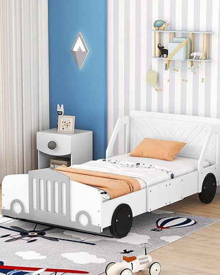 Twin Size Car-Shaped Bed Frame for Kids,Wooden Platform Bed with Wheels and Side Rails for for Boys Girls,Wood Slat Supports,No Box Spring Needed,White - LeafyLoom