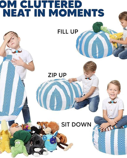 5 STARS UNITED Stuffed Animal Storage Bean Bag – Toy Storage Organizer and Bean Bag Chair for Kids Holds up to 90+ Plush Toys – Cotton Canvas Bags Cover for Boys and Girls Ages 4-11, Blue Stripes - LeafyLoom