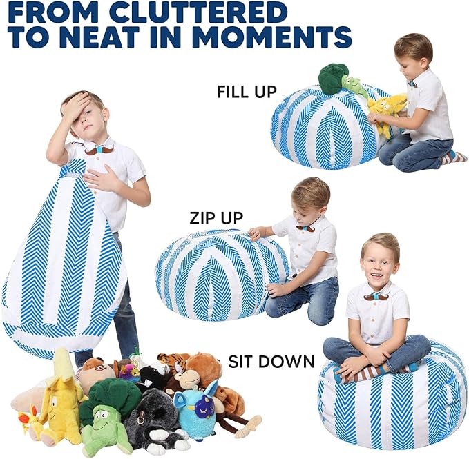 5 STARS UNITED Stuffed Animal Storage Bean Bag – Toy Storage Organizer and Bean Bag Chair for Kids Holds up to 90+ Plush Toys – Cotton Canvas Bags Cover for Boys and Girls Ages 4-11, Blue Stripes - LeafyLoom