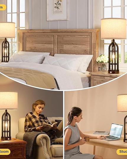 Table Lamp for Living Room - Lamps Set of 2 with USB C+A & Outlet, 3-Way Dimmable Farmhouse Lamps for Night Stands, Rustic Bedside Lamp for End Tables, Industrial Nightstand Lamps for Bedroom - LeafyLoom