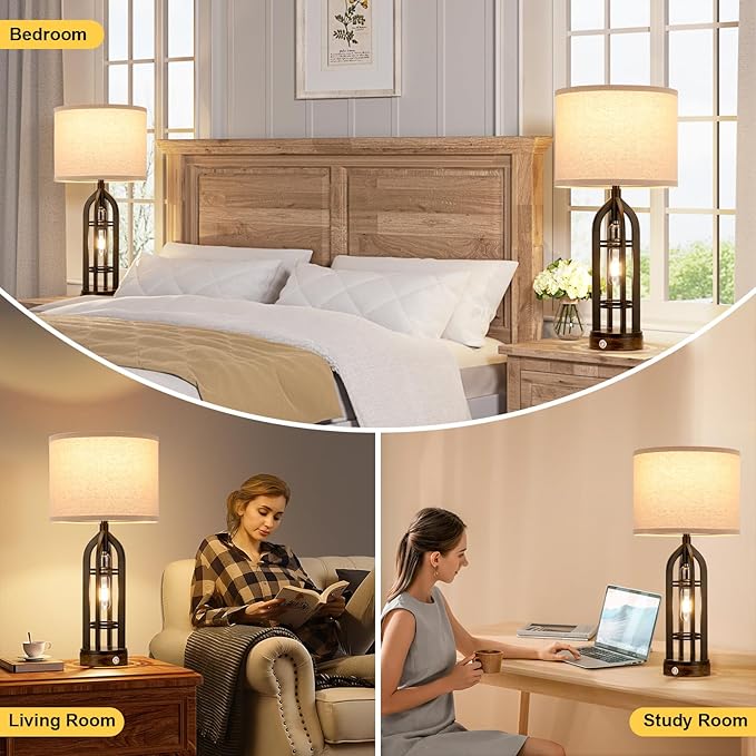 Table Lamp for Living Room - Lamps Set of 2 with USB C+A & Outlet, 3-Way Dimmable Farmhouse Lamps for Night Stands, Rustic Bedside Lamp for End Tables, Industrial Nightstand Lamps for Bedroom - LeafyLoom