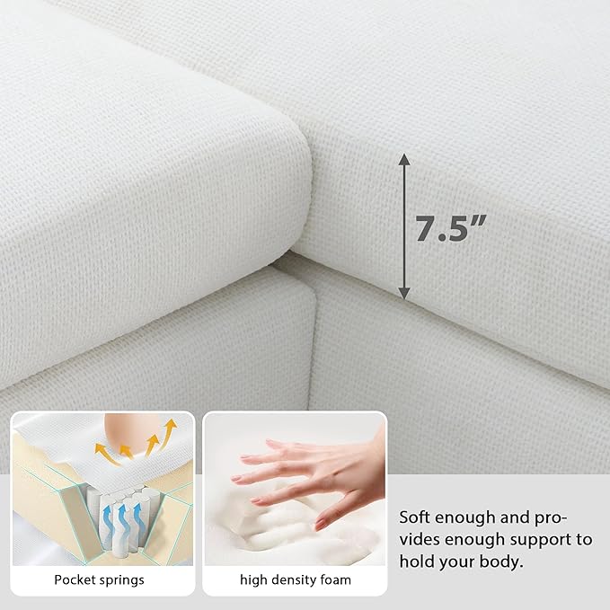 119" Sectional Sofa, L-Shaped Couch Set with 2 Free Pillows and Chaise, 5-seat Chenille Indoor Furniture for Living Room, Apartment, Office, 119inch, White - LeafyLoom