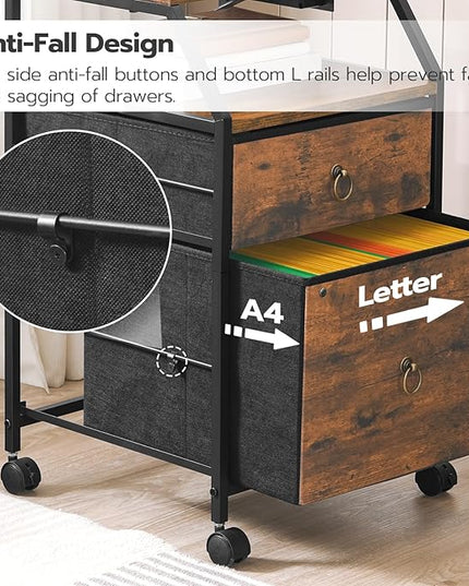 HOOBRO 2-Drawer Mobile File Cabinet, Filing Cabinet with Charging Station, Printer Stand with Open Storage Shelf, for A4/Letter Size, Home Office, Nonwovens Drawer, Rustic Brown and Black BF10UWJ01 - LeafyLoom