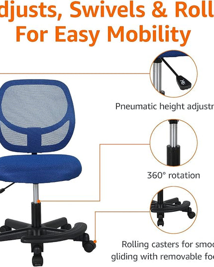 Amazon Basics Kids Adjustable Mesh Low-Back Swivel Study Desk Chair with Footrest, Blue - LeafyLoom
