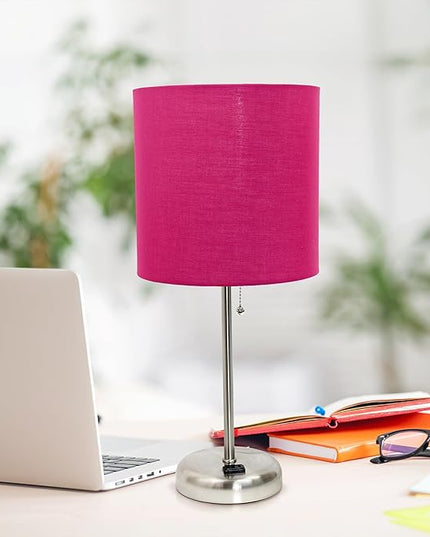 Simple Designs LT1144-PNK Sleek and Slender Brushed Steel Table Lamp with Charging Outlet, for Bedroom, Living Room, Entryway, Office, Dining Room, Study, Pink Shade - LeafyLoom