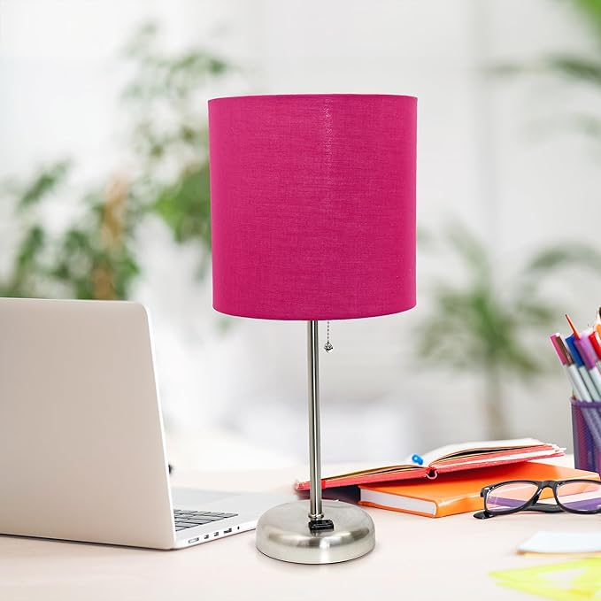 Simple Designs LT1144-PNK Sleek and Slender Brushed Steel Table Lamp with Charging Outlet, for Bedroom, Living Room, Entryway, Office, Dining Room, Study, Pink Shade - LeafyLoom