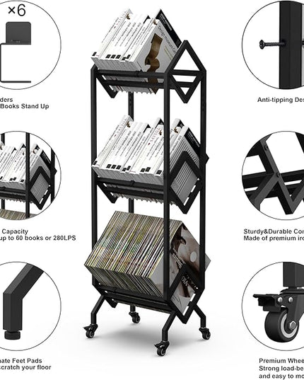 Bookshelf Book Cart Rack Industrial Metal Bookcase 3 Tier Holder with Wheels Modern Stylish Design Magazines Files Album Recipe Book Storage Organizer for Sofa End Bed Beside (3 Tier) - LeafyLoom
