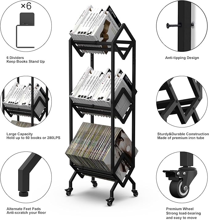 Bookshelf Book Cart Rack Industrial Metal Bookcase 3 Tier Holder with Wheels Modern Stylish Design Magazines Files Album Recipe Book Storage Organizer for Sofa End Bed Beside (3 Tier) - LeafyLoom