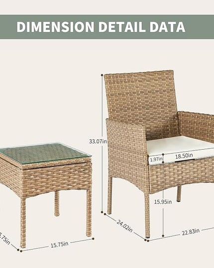 3 Pieces Patio Set Balcony Furniture Sets for Apartments.Bistro Furniture Set, Conversation Sets with Coffee Table, for Porch, Patio, Garden and Removable Cushions Beige - LeafyLoom