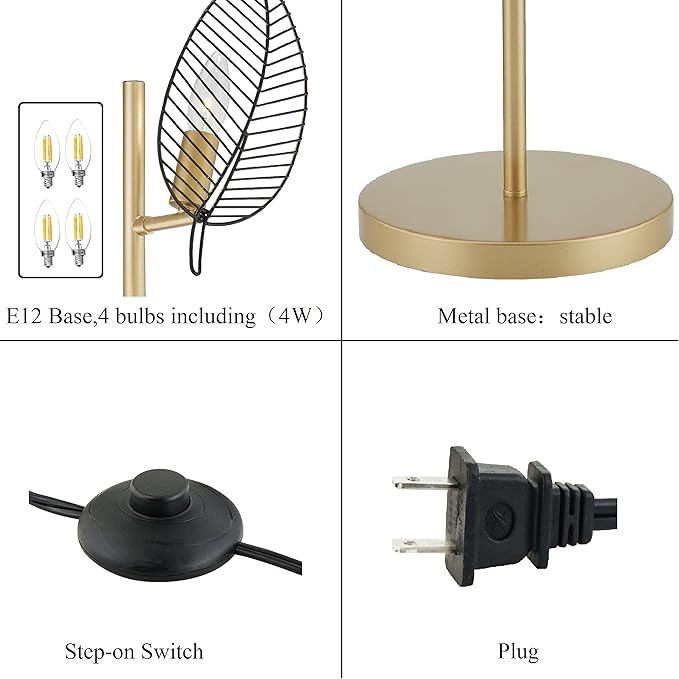 WOXXX Industrial Gold Floor Lamp with 4 Brush Black Finish Leaf Shade, Modern Tree Floor Lamps for Living Room Bedrooms Reading Standing Lamp Living Room Lamps Farmhouse Tall Lamp (4 Bulbs Included) - LeafyLoom