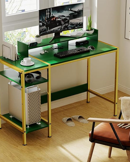 Gaming Computer Desk with Storage,Monitor Stand 47” Small, Writing Desk for 2 Monitors, Adjustable Storage Space, Modern Design Corner Table for Home Office, Green. - LeafyLoom