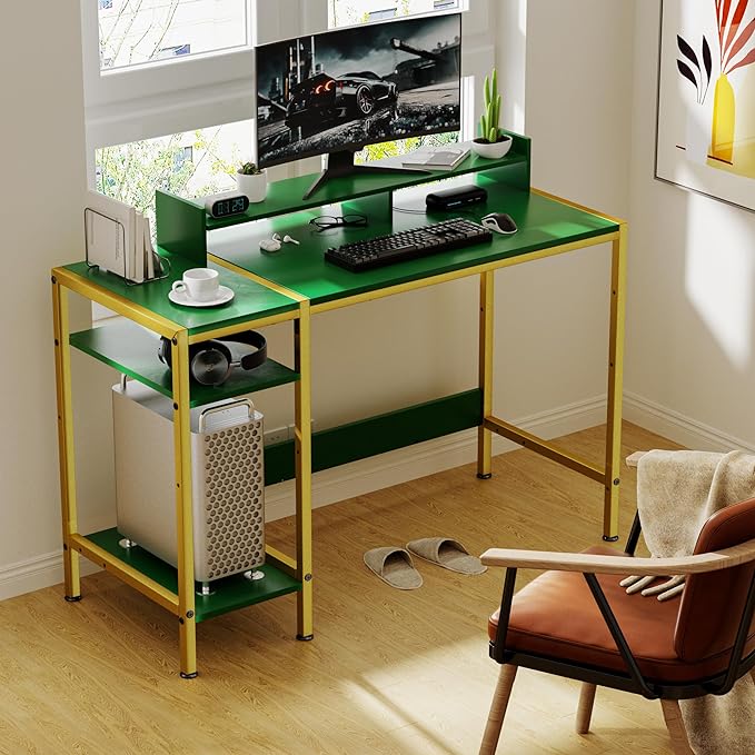 Gaming Computer Desk with Storage,Monitor Stand 47” Small, Writing Desk for 2 Monitors, Adjustable Storage Space, Modern Design Corner Table for Home Office, Green. - LeafyLoom