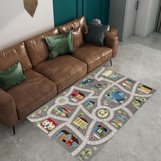 Analog ABC Kids Rug Playroom Car Rug Play Mat City Life Road Rug for Cars Fun City Map for Carpet for Bedroom Boys (47 * 70 inches, Night Township) - LeafyLoom