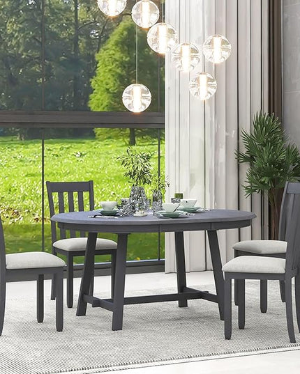 5 Pieces Farmhouse Rustic Dining Set with Solid Wooden Extendable Round Table and 4 Soft Cushion Chair, Home Furniture for Kitchen, Diningroom, Living Room, Drak Grey+Grey - LeafyLoom