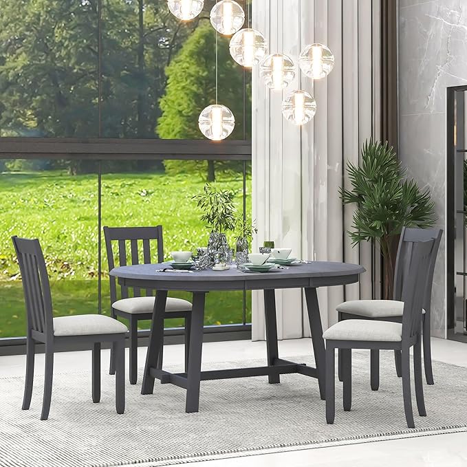5 Pieces Farmhouse Rustic Dining Set with Solid Wooden Extendable Round Table and 4 Soft Cushion Chair, Home Furniture for Kitchen, Diningroom, Living Room, Drak Grey+Grey - LeafyLoom
