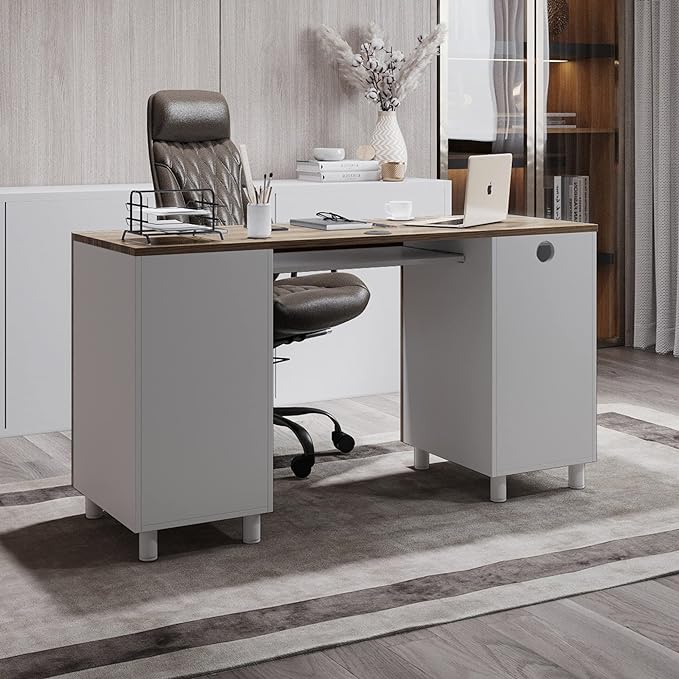 Modern Design By Crafts & comfort Venice Computer Desk - Office Desk with 3 Drawers & CPU Storage Cabinet - Laptop Workstation with Keyboard Tray & Cable Hole - Home & Office Supplies -Cass/White - LeafyLoom