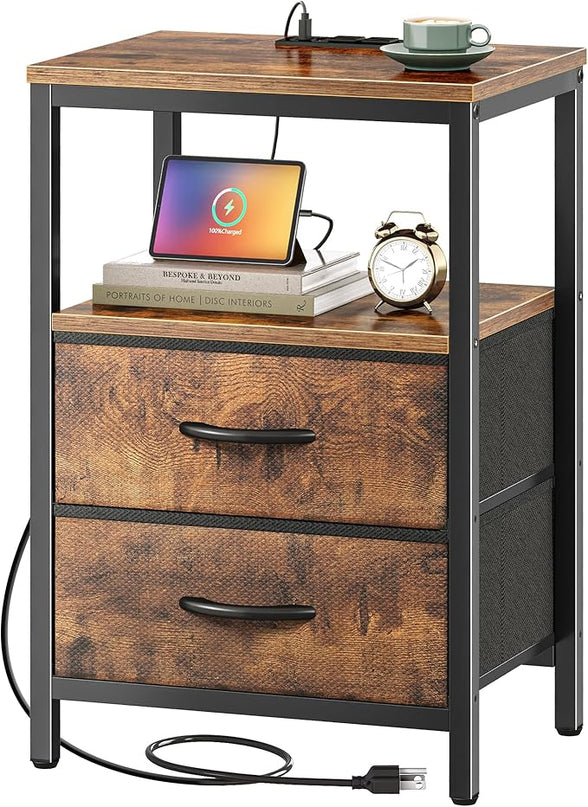 Nightstand with Charging Station, Side Table with Fabric Drawers, End Table with Open Shelf, Bedside Table with USB Ports and Outlets, Night Stand for Bedroom, Rustic Brown - LeafyLoom
