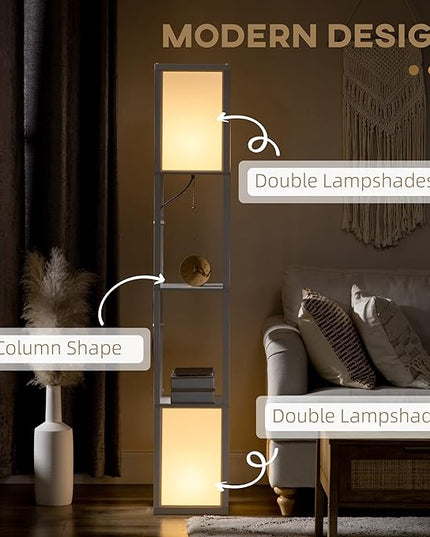 HOMCOM Modern Floor Lamp with Shelves & Dual Ambient Lighting, Tall Standing Lamp for Living Room, Bedroom with Fabric Lampshade (Bulb not Included), White - LeafyLoom