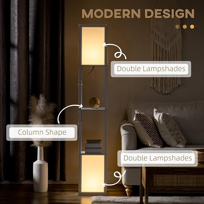 HOMCOM Modern Floor Lamp with Shelves & Dual Ambient Lighting, Tall Standing Lamp for Living Room, Bedroom with Fabric Lampshade (Bulb not Included), White - LeafyLoom