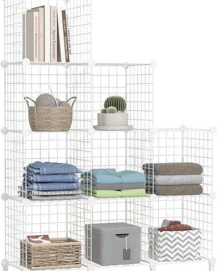 Wolizom Wire Cube Storage, Metal Grids Shelves Bookshelf, Stackable Modular Shelving Organizer, DIY Closet Bookcase Bookshelf, Grid Storage Shelf for Bedroom, Living Room, Office (White, 9 Cube) - LeafyLoom