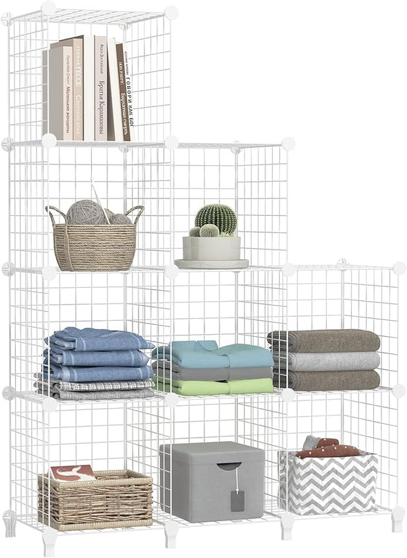 Wolizom Wire Cube Storage, Metal Grids Shelves Bookshelf, Stackable Modular Shelving Organizer, DIY Closet Bookcase Bookshelf, Grid Storage Shelf for Bedroom, Living Room, Office (White, 9 Cube) - LeafyLoom