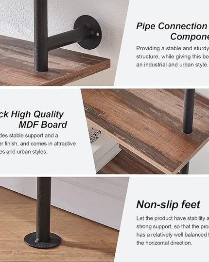 HOMISSUE Industrial Bookshelf 5-Tier Open Wall Mount Ladder Bookshelf, Modern Bookcase with Metal Frame and Wood Style for Home Office, Wall Mounted industrial Iron Pipe Shelf, Oak Brown - LeafyLoom