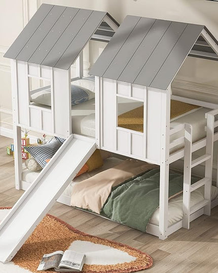 Low House Bunk Bed with Slide and Windows, Twin Over Twin Wooden Bunk Beds with Safety Guardrails for Kids Teen, Girls, Boys, White - LeafyLoom
