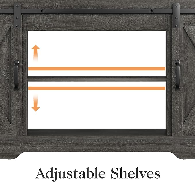 Farmhouse TV Stand for 23" Fireplace, 34'' Tall Entertainment Center for 65+ Inch TV, Rustic TV Console with Sliding Bar Door for Living Room (Dark Grey) - LeafyLoom