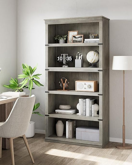 GAOMON 5 Tier Bookcase, Farmhouse Book shelf with Storage Open Display Bookshelves, 67.4" Tall Book Case Wooden 5 Shelf Bookcase Home Decor Furniture for Home Office, Living Room, Bed Room - Grey - LeafyLoom