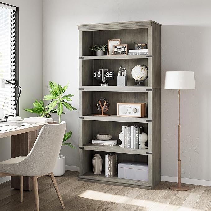 GAOMON 5 Tier Bookcase, Farmhouse Book shelf with Storage Open Display Bookshelves, 67.4" Tall Book Case Wooden 5 Shelf Bookcase Home Decor Furniture for Home Office, Living Room, Bed Room - Grey - LeafyLoom